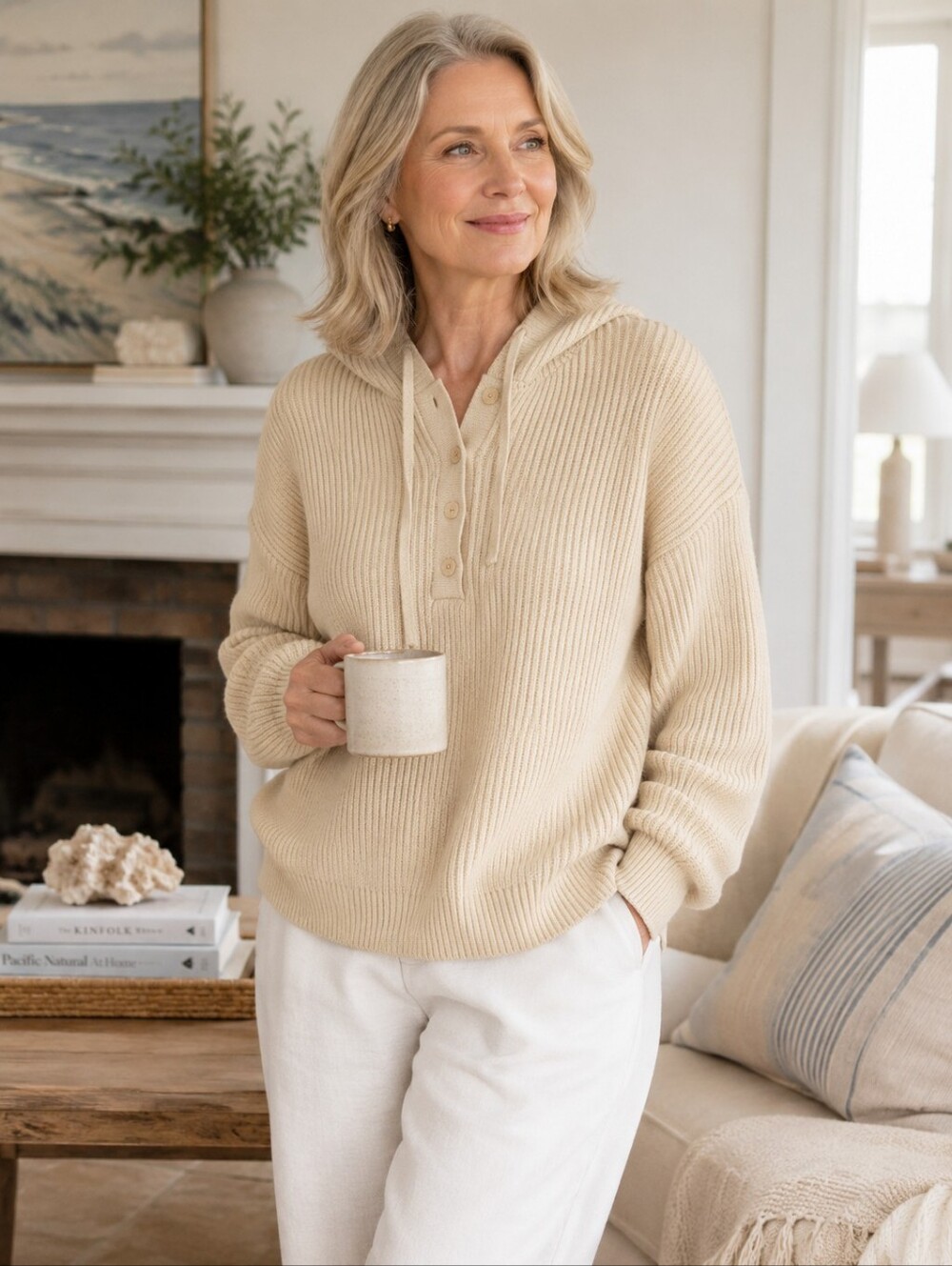 Bluivy Ribbed Knit Hooded Drop Shoulder Sweater Neutral Coastal Women's S/M